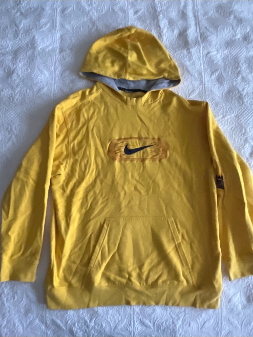 Vintage Y2K Nike Hoodie Embroidered Flames Graphic - Yellow With Black Swoosh